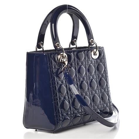 CHRISTIAN DIOR Patent Cannage Medium Lady Dior Navy Blue 